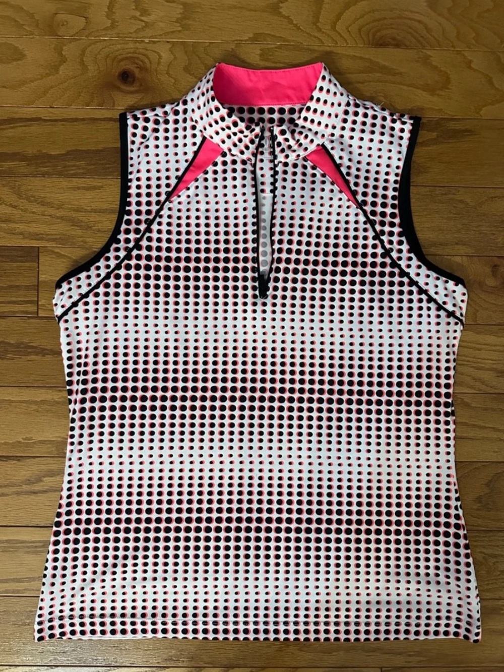 Tail Pink & Black Dot Zip-Front Sleeveless Athletic Tank Collard Golf Top Large